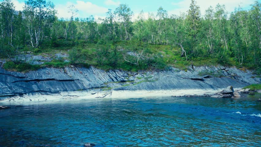 Clean River At Saltfjellet–Svartisen National Park In Norway. Handheld Shot