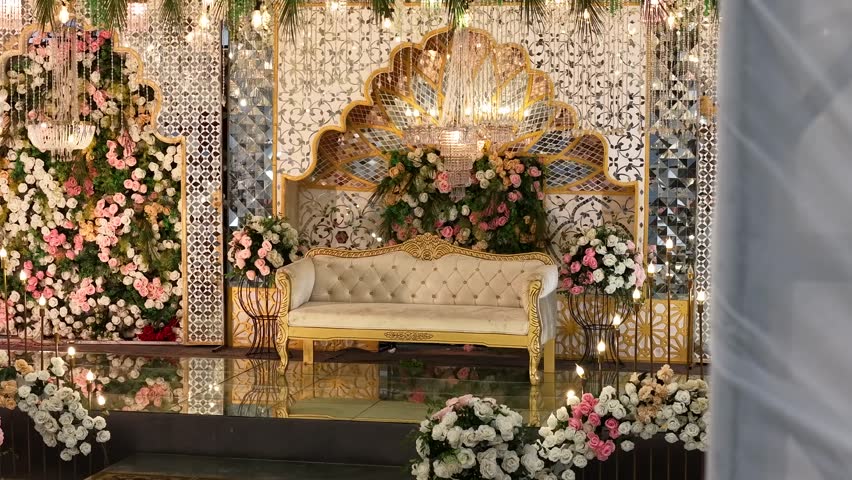 Royal Wedding Setup: Drone Reveals Sparkling Chandeliers, Gold Sofa Flower Walls on Reflective Glass Floor