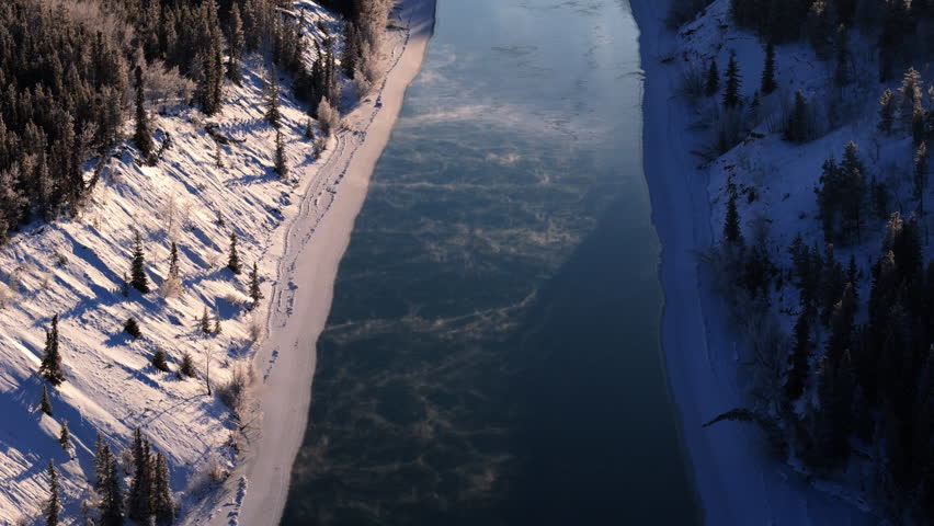 Yukon River During Winter In Canada - Aerial Drone Shot