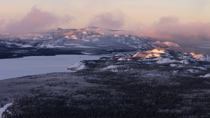Lake Laberge In Winter Landscape, Yukon, Canada - Aerial Drone Shot