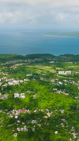 Drone view of hotels, resorts and buildings in Boracay Island. Philippines. Vertical view.