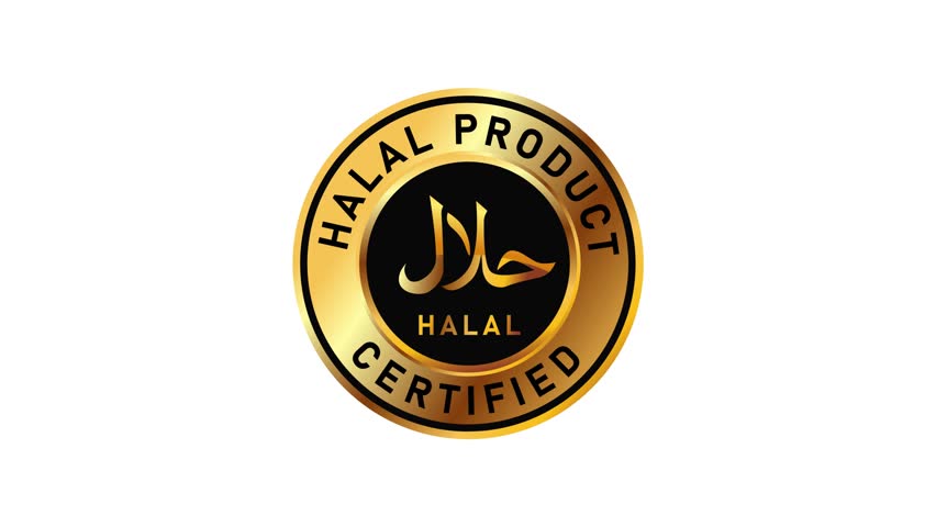 Halal stamp sign gold seal animation on green screen white black background. motion graphics food approved for muslim Islam