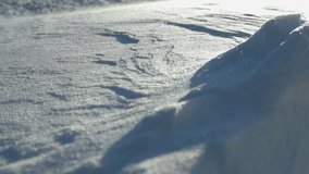 Close up or closeup footage of loose fluffy white snow being blown by the wind on ice and hardened snow in slow motion while sun is shining. Snow is flying over sharp and curved snow edges. - Powered by Shutterstock - Get 15% off with code: PIKWIZARD15