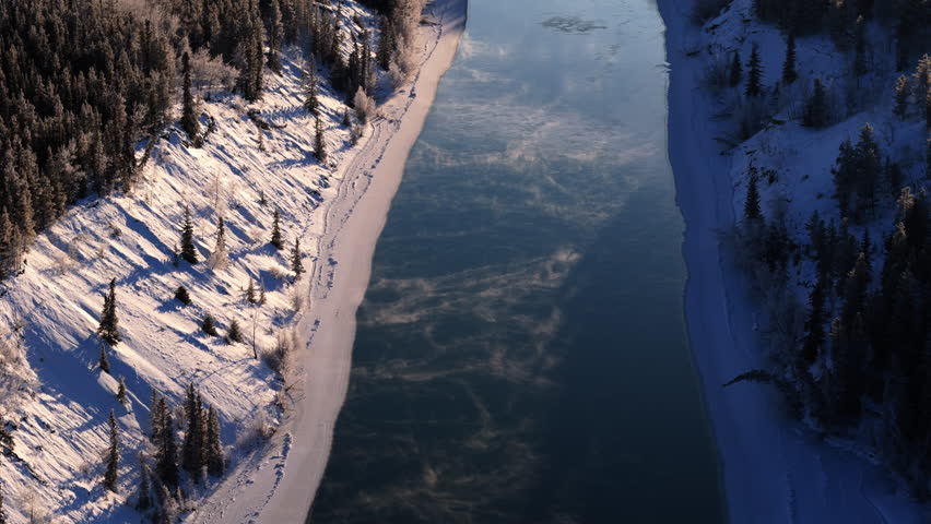 Yukon River During Winter In Lake Laberge, Yukon Canada. Aerial Shot