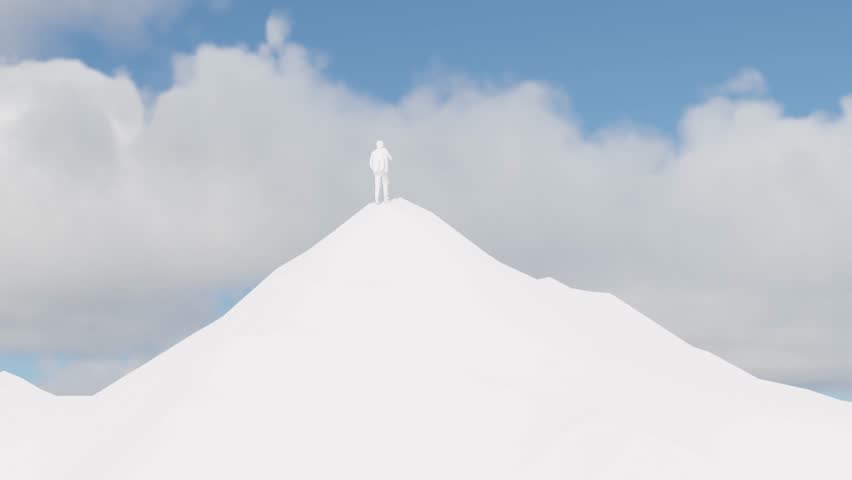 Man standing on top of mountain. Concept. Success. Peak. 3D