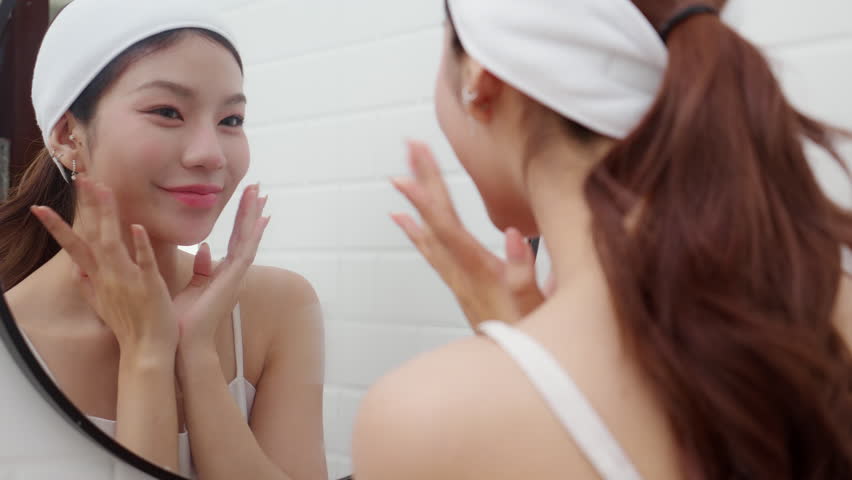 Beautiful young asian woman complexion while looking mirror in bathroom at home, woman checking wrinkle on facial with smile, skin smooth and grooming with satisfied, beauty and skincare concept.
