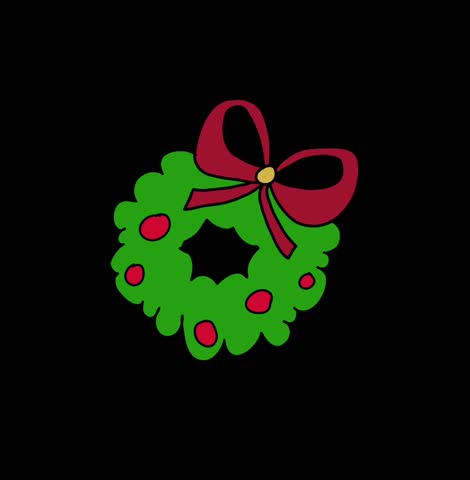Animated cartoon Christmas wreath for door on black background. Fir, december, snow, winter.