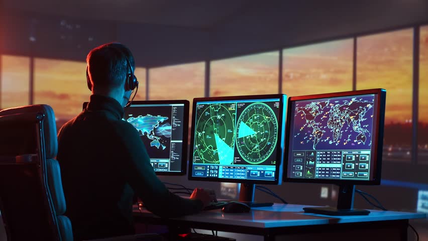 Air traffic controller intently monitors flight data on multiple computer screens in a modern control tower.