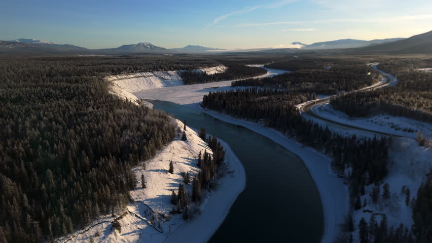 Yukon River With Lake Laberge In Winter In Canada - Aerial Shot