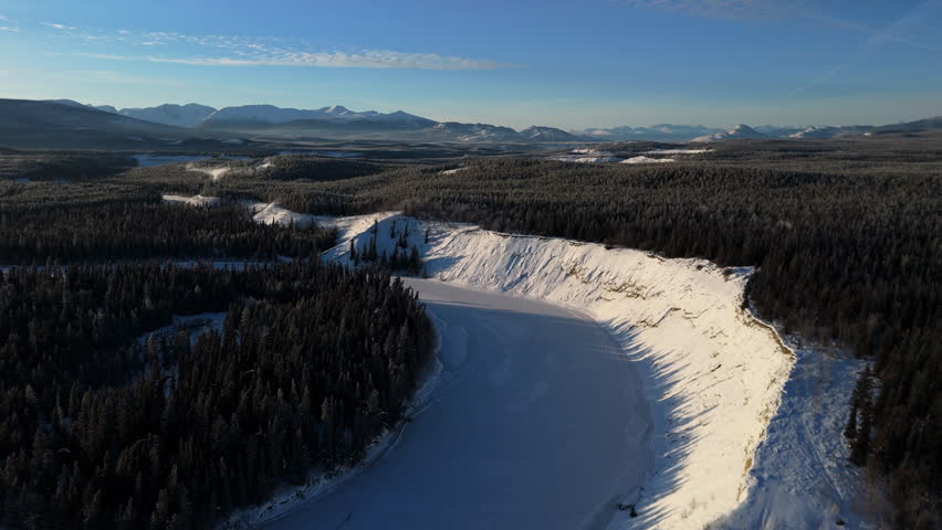 Frozen Lake Of Laberge In Yukon, Canada - Aerial Shot