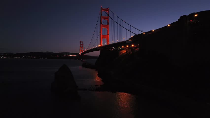Golden Gate Bridge San Francisco California aerial drone sunset sunrise evening purple sky dusk Bay Area Lime Point Lighthouse Point Cavillo lights Sausalito Dana Bowers Needles circle left motion