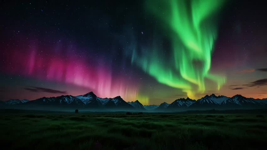 Stunning views of the aurora borealis over mist-shrouded mountains.