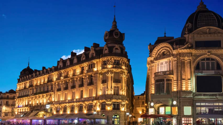  The large central square quare in Montpellier, France Opera Orchestre National Montpellier Occitanie is a main theater in Montpellier city in southern France