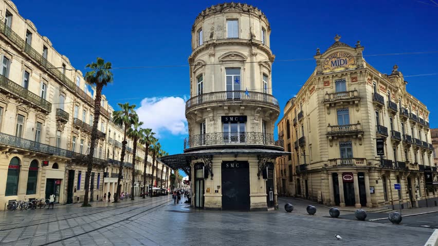 Fountain of the Three Graces in Place de la Comedie. Montpellier. Occitanie. France Rome Italy time lapse 4K, city skyline timelapse at Piazza Novana nobody empty due to Coronavirus Covid-19 lockdown