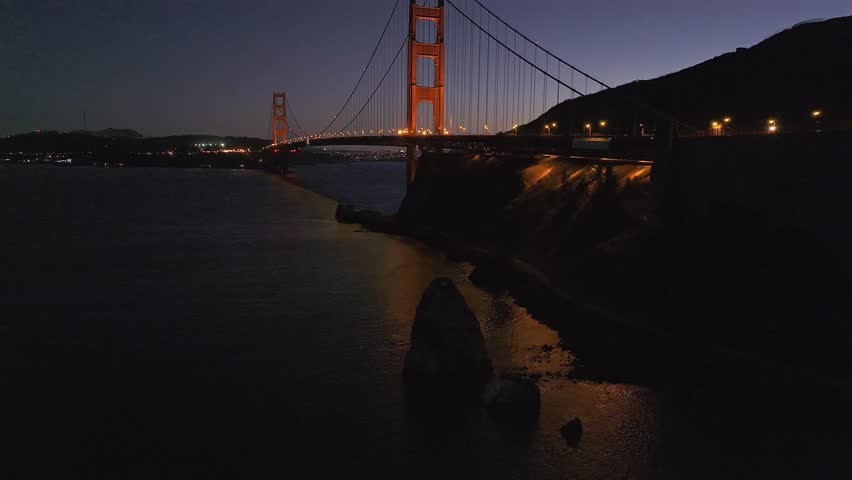 Golden Gate Bridge San Francisco California aerial drone sunset sunrise evening purple sky dusk Bay Area Lime Point Lighthouse Point Cavillo lights Sausalito Dana Bowers Needles backwards pan motion