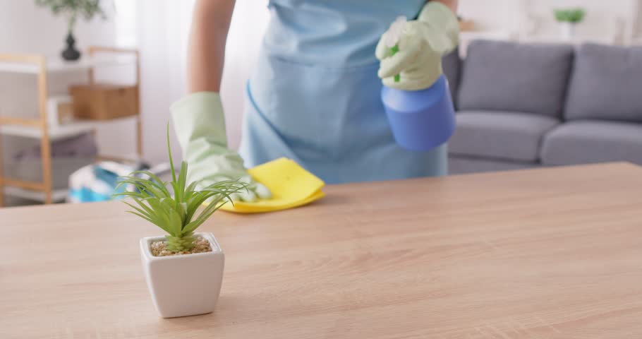 Female cleaner close up helping in hand wear rubber protective gloves cleaning wooden surface with soft microfiber rag, housekeeping using professional products for cleaning home, advertise sanitation