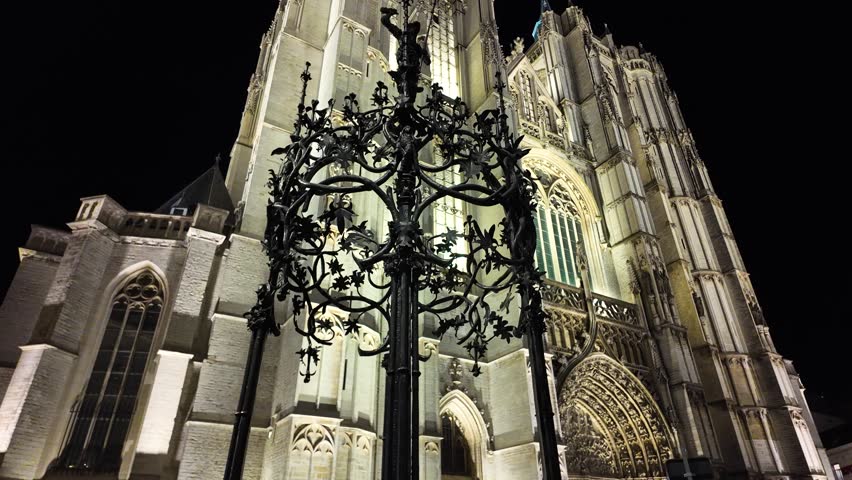 Cathedral of Our Lady in Antwerp illuminated at night
