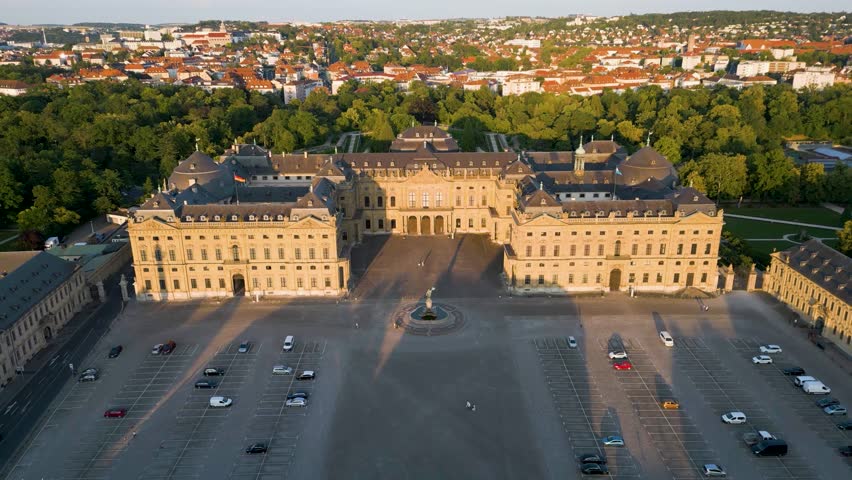 4K Aerial Drone Video of the Franconia Fountain in front of the Historic Residence Palace in Würzburg, Germany
