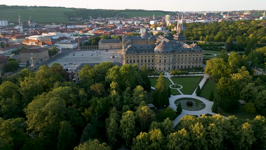 4K Aerial Drone Video of the Felsenbrunnen Garden and Court Garden at the Residence Palace with the Würzburg, Germany Skyline in the Distance