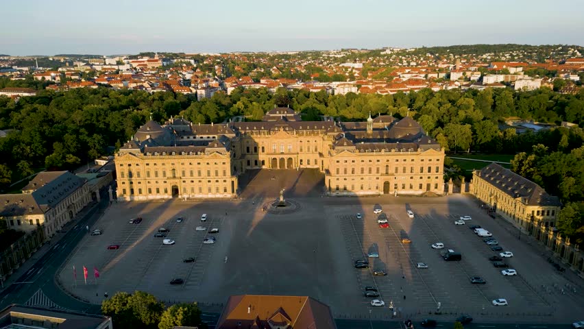 4K Aerial Drone Video of the Franconia Fountain in front of the Historic Residence Palace in Würzburg, Germany