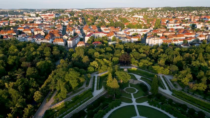 4K Aerial Drone Video of the Beautiful Felsenbrunnen Garden at the Palatial Residence Palace in Würzburg, Germany