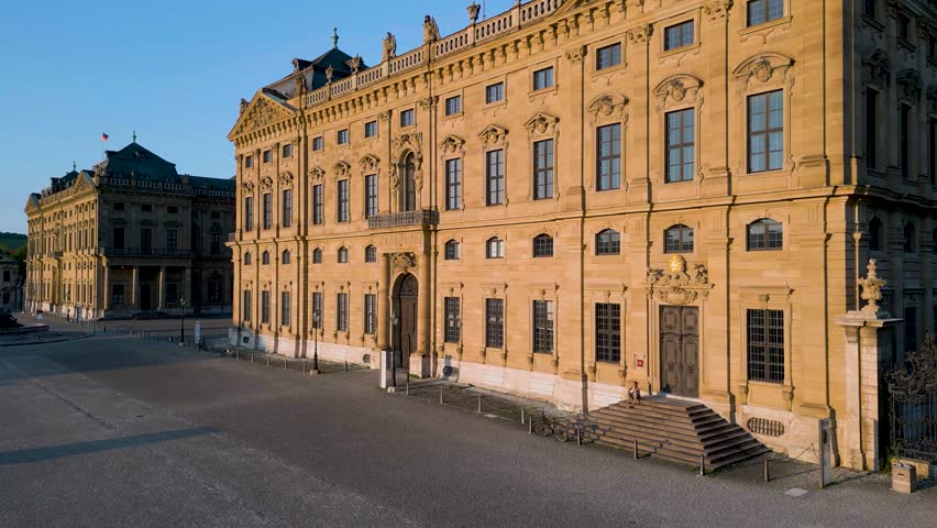 4K Aerial Drone Video of Historic Residence Palace and Franconia Fountain in Würzburg, Germany