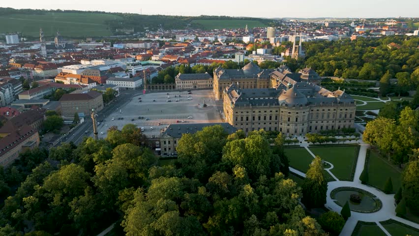 4K Aerial Drone Video of the Felsenbrunnen Garden and Court Garden at the Residence Palace with the Würzburg, Germany Skyline in the Distance