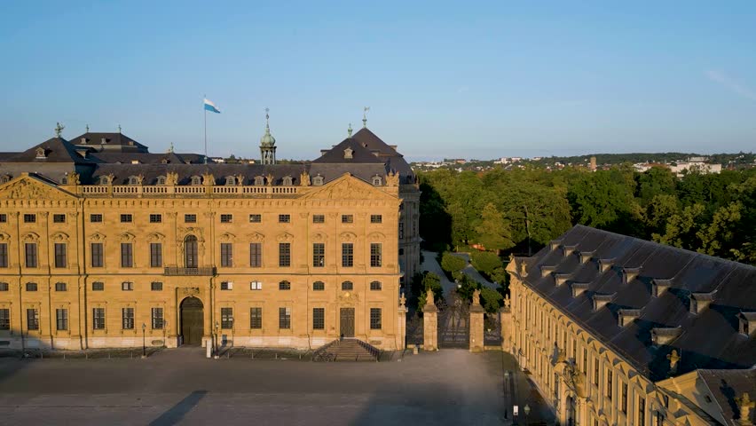 4K Aerial Drone Video of the Palatial Residence Palace and Beautiful Court Garden in Würzburg, Germany