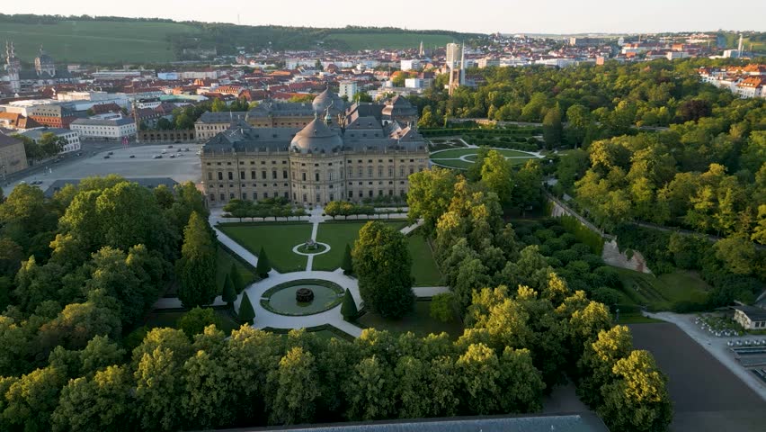 4K Aerial Drone Video of the Felsenbrunnen Garden and Court Garden at the Residence Palace with the Würzburg, Germany Skyline in the Distance
