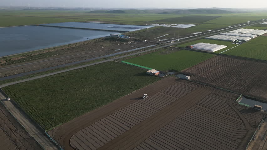 Vast landscape of Spain and agriculture process, aerial drone view