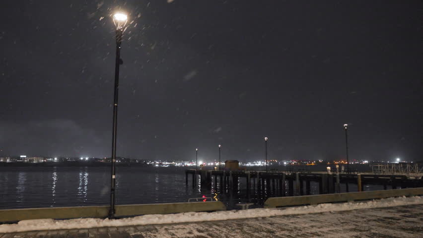 Nighttime Snowy View of the Halifax Waterfront Boardwalk