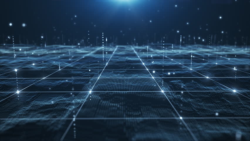 Abstract digital data landscape with glowing particles and dynamic lines on a dark background, 3d animation.