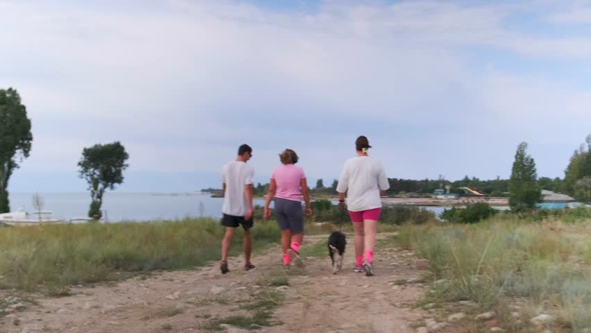 Rear view. Three friends, two girls and a guy, walk their dog along a lakeside trail. A yacht rests on the shore, leaning on dry ground, with sparse vegetation and sun scorched soil.