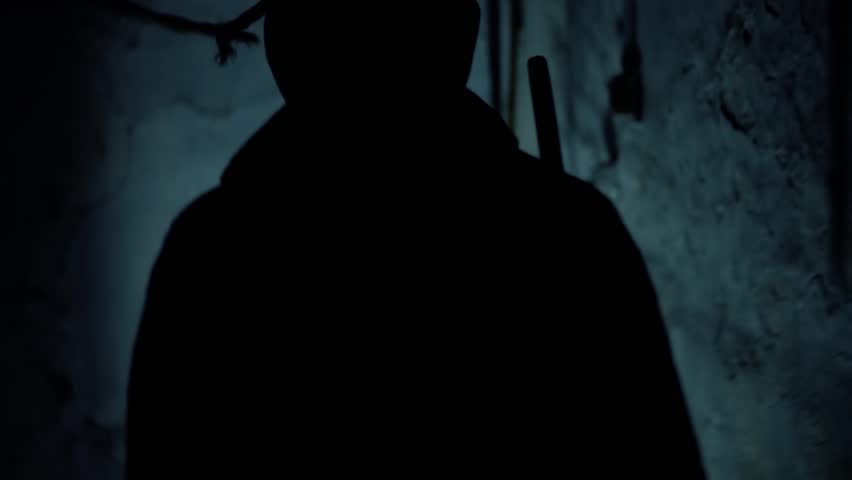 Man with Stick Encounters White Ghost at Midnight Spooky Horror Scene with Darkness and Eerie Atmosphere Chilling Film Footage
