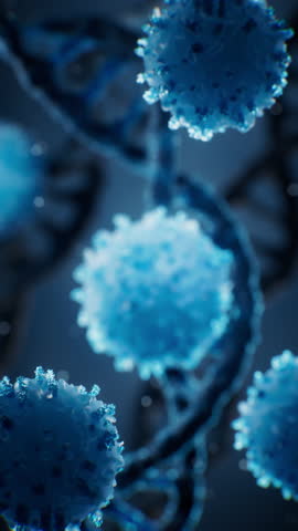 Blue cell with biological DNA background, 3d rendering. Motion graphic.