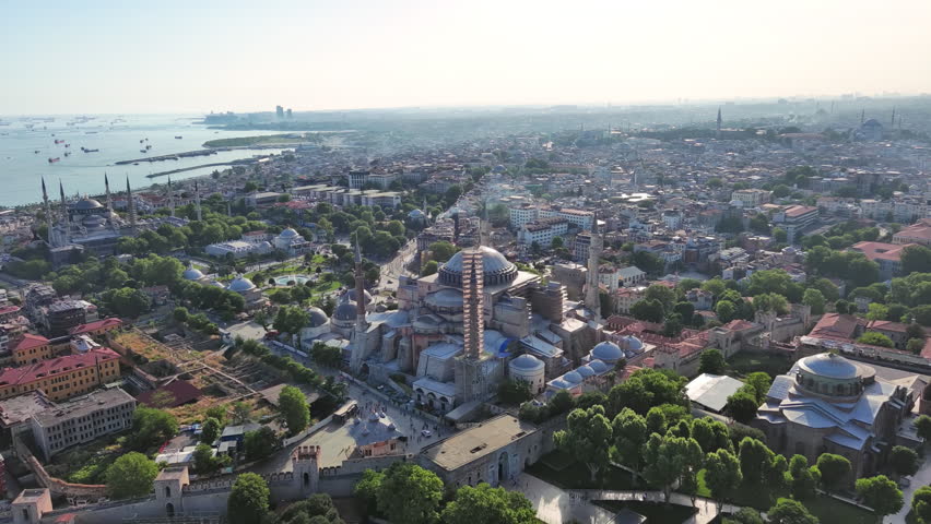 Istanbul, Turkey: Aerial view of largest Turkish city, famous historic landmark Hagia Sophia Grand Mosque, summer day with clear blue sky