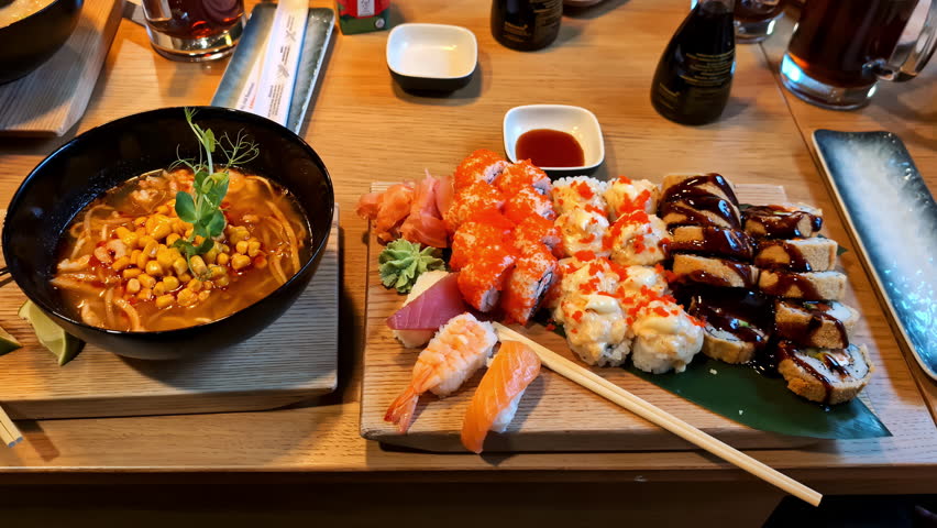 Handheld shot of sushi plate with asian soup on a restaurant table, interior