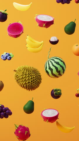 A variety of colorful fruits, rich in vitamins and nutrients, 3d rendering. Motion graphic.