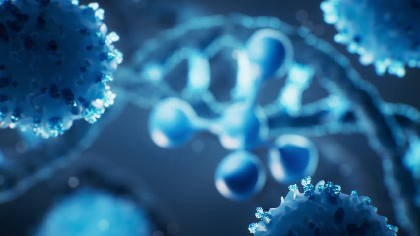 Molecule with biological DNA background, 3d rendering. Motion graphic.