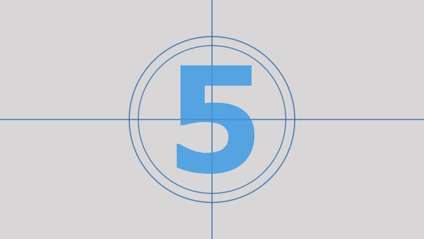 5 seconds vintage film countdown on faded grey background,  counting from 5 to 0 seconds, Old film movie timer count in grey retro style, Retro film strip countdown background, countdown timer