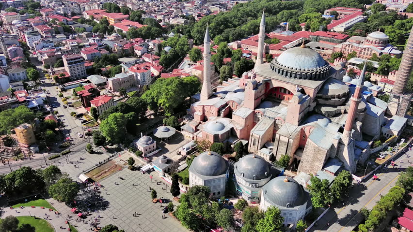 Istanbul, Turkey: Aerial view of largest Turkish city, famous historic landmark Hagia Sophia Grand Mosque, summer day with clear blue sky