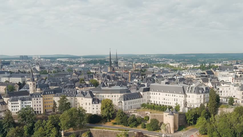Dolly zoom. Luxembourg City, Luxembourg. Panoramic view of the historical part of Luxembourg city. The city is located in a deep valley of two rivers - Alzette and Petrus, Aerial View