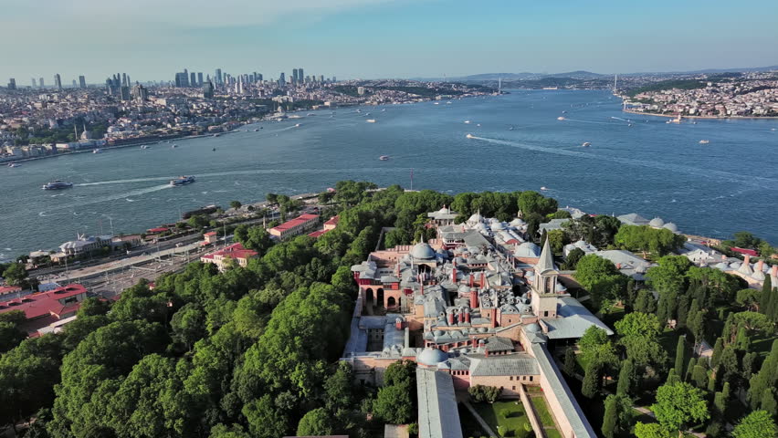 Istanbul, Turkey: Aerial view of largest Turkish city, famous historic landmark and museum Topkapi Palace (Topkapı Sarayı), sunny summer day
