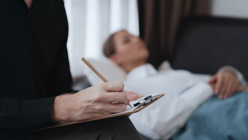 Young female patient lying on crouch release emotion from traumatic event, anxiety or mental illness to psychiatrist during mental treatment therapy in office. Psychological consultation session. Adit