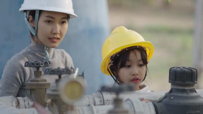 An engineer and a girl are inspecting the water supply system.