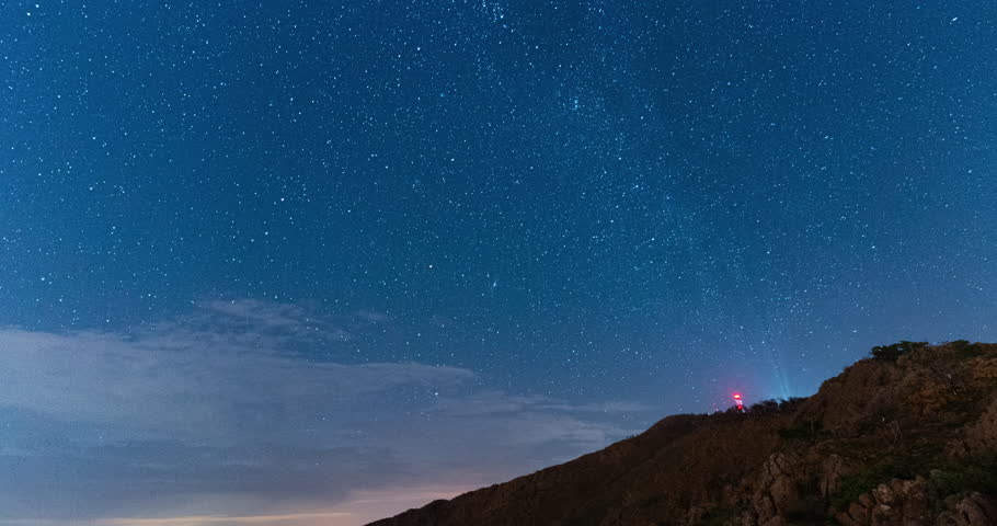 Night sky trails over Spain mountain landscape, time lapse