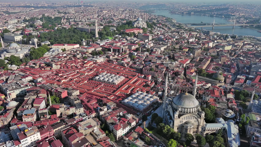 Istanbul, Turkey: Aerial view of largest Turkish city, famous covered market The Grand Bazaar, summer day with clear blue sky