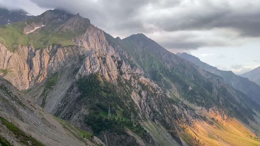 Beautiful Himalayan mountain landscape view of Baltal on Zoji La Pass with Sindh River in the Srinagar-Leh road in Jammu and Kashmir, India.