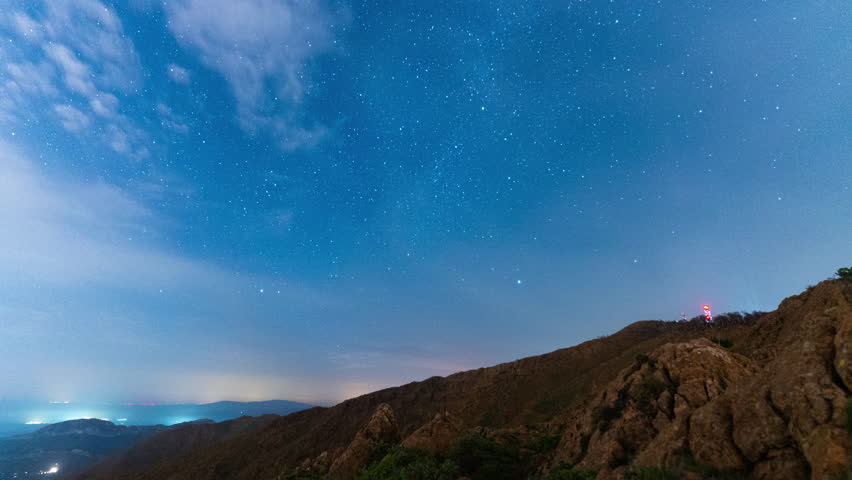 Trails of night sky and flying planes, time lapse view