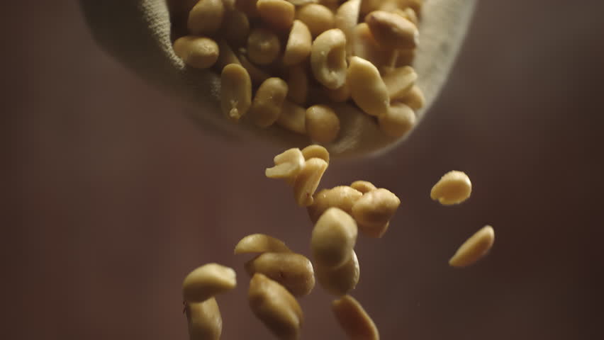 Crispy roasted salted peanuts falling in super slow motion close up. Hot delicious fried peanuts snacks flying. High speed 1000 fps footage